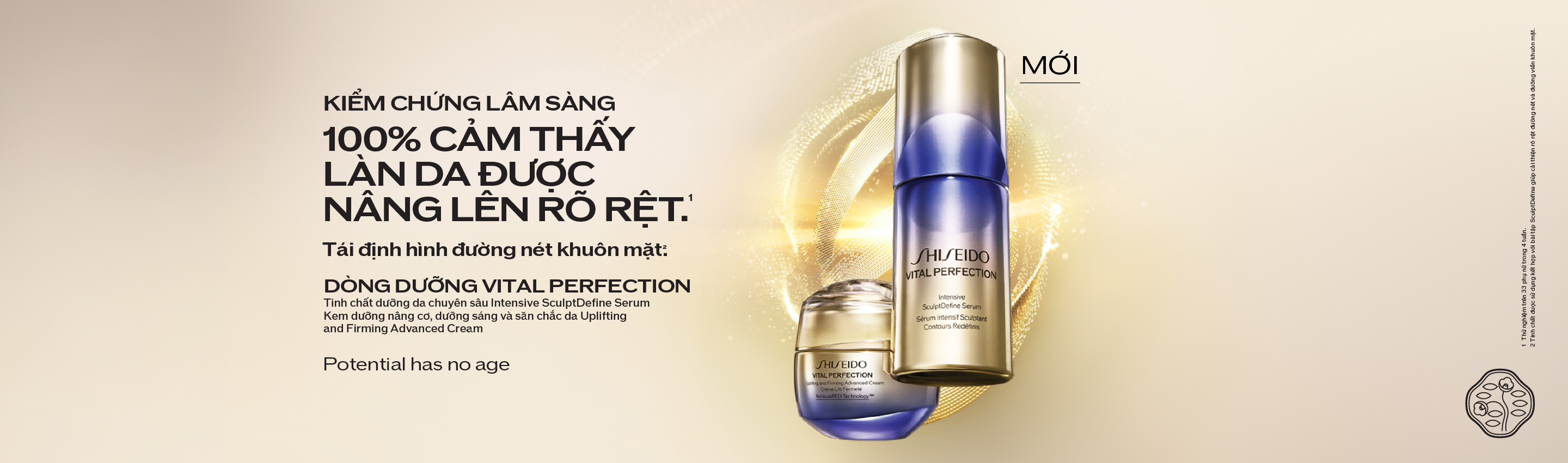 CLINICALLY PROVEN 100% SAW A VISIBLE LIFT.1 Re-train your facial contours.2　VITAL PERFECTION Intensive SculptDefine Serum Uplifting and Firming Advanced Cream　Potention has no age　1 Clinically tested on 33 womanm 4 weeks 2 With SculptDefine Exercise